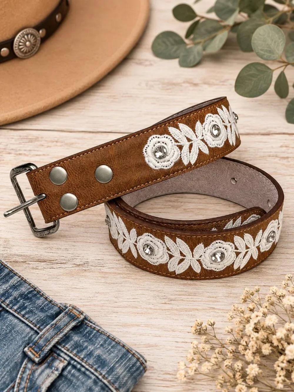 Genuine Leather Floral Embroidered Western Belt Brown White Rhinestone Size SM